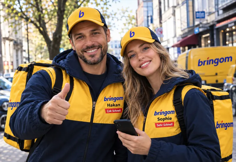 Die Bringom-Kuriere Hakan und Ayla; Hakan zeigt den Daumen nach oben, Ayla hält ein Handy.