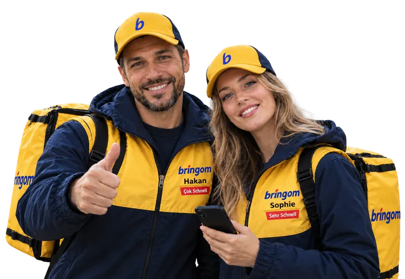 Die Bringom-Kuriere Hakan und Ayla; Hakan zeigt den Daumen nach oben, Ayla hält ein Handy.